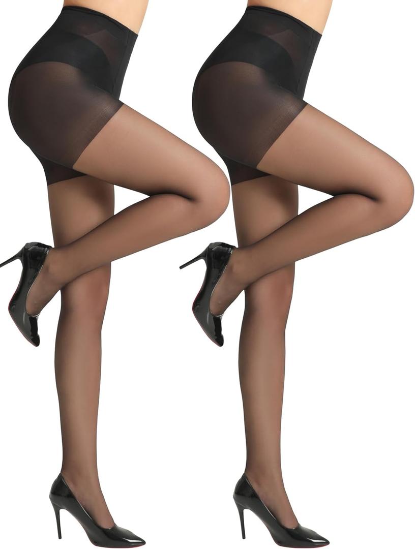 HONENNA Sheer Tights for Women 2 Pairs 10D Ultra Thin Reinforced Tummy Control Top Pantyhose (Black, XL)