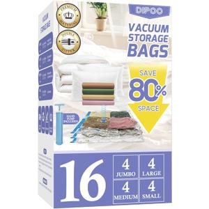 16 Pack Vacuum Storage Bags with Hand Pump, 4 Jumbo/4 Large/4 Medium/4 Small 80% Storage Space Saving, Sturdy Leak-Free Space Saver Vacuum Seal Bags for Clothing, Vacuum Compression Bags for Travel