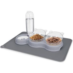 Triple Cat Bowls for Food and Water, YECERCAN Plastic Raised Cat Bowls with Automatic Water Bottle & Waterproof Mat for Cats/Small Dogs, 3 in 1 Pet Feeder for Wet/Dry Food (Dark Gray)