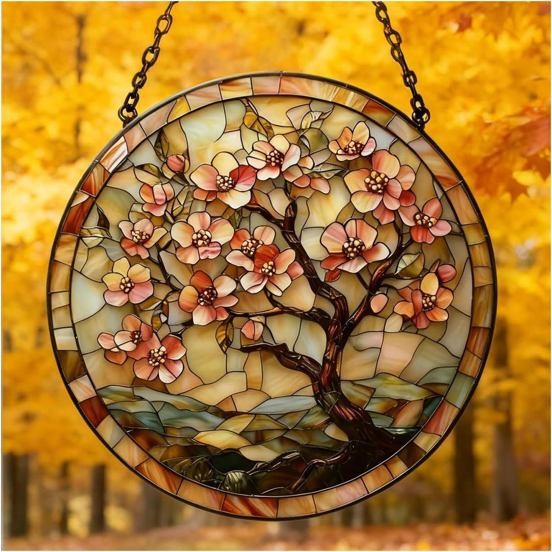 Stained Glass Window Hanging Suncatcher Tree Stained Glass Panel, Decorative Window Sun Catcher for Home,Stained Glass Art Ornament Gifts for Mom, Grandma, Housewarming