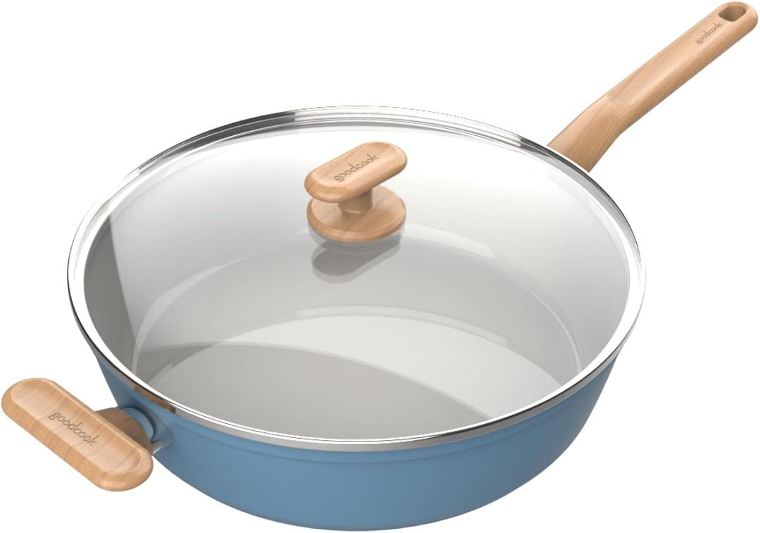 GoodCook Healthy Ceramic Titanium-Infused 11 Jumbo Cooker with Lid, Light Blue  Induction Cookware, Nonstick Cooking Pan, Food Cooker for Stir-Fry, Vegetables, Chicken, Steak, Sauces (11" Cooker)