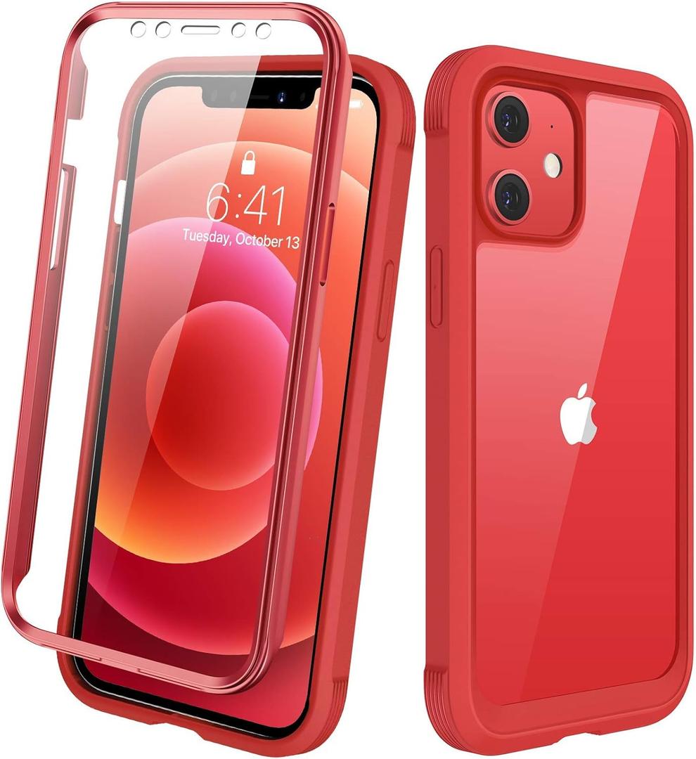 Diaclara Designed for iPhone 12 Mini Case, Full Body Rugged with Built-in Touch Sensitive Anti-Scratch Screen Protector, Soft TPU Bumper Case Designed for iPhone 12 Mini 5.4" (Red and Clear)