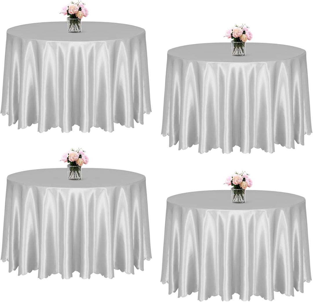 KKJIAF 4 Pack Silver Satin Round Tablecloth 108 Inch, Silky Satin Round Table Cover, Overlay Dining Table Cloths for Wedding Buffet Parties Banquet Decoration