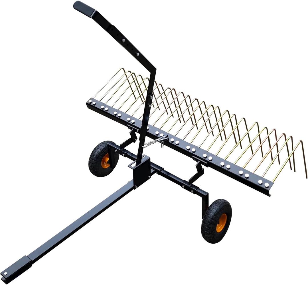 GarveeLife Pull Behind Rake for Riding Mower 60 Inch,Pine Straw Rake for ATV,Tow Behind Pine Needle Rakes for Tractor with Lift Handle & 24 Steel Tines