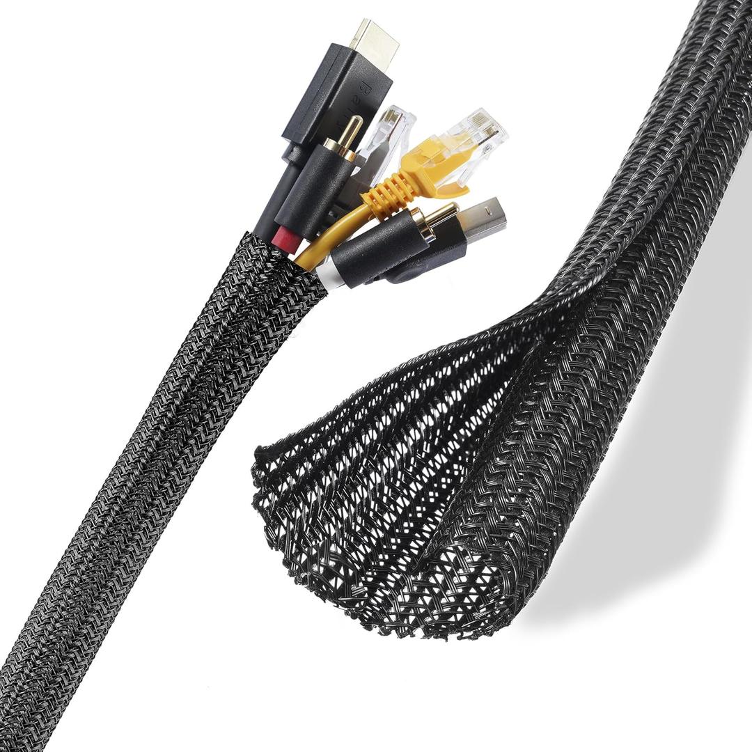 Cable Management Sleeves 1.5in - 2 Pack 4.1ft Split Braided Cable Sleeve Black, Wire Organizers for Cords, Hard PE Cord Protectors from Pets, Flexible Cord Wrap Wire Sleeve for Computer Cord Organizer