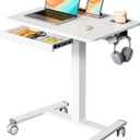 Mobile Standing Desk with Drawer, 28" Rolling Desk with Cup Holder and Hooks, Portable Laptop Cart on Wheels, Height Adjustable Workstation with Storage for Home Office, White