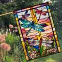Spring Summer Dragonfly Garden Flag Stained Glass Style Flowers Garden Flag Vertical Double Sided Rustic Farmland Burlap Yard Lawn Outdoor Decor 28x40"