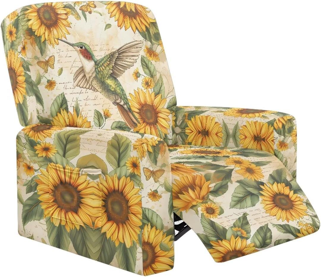 Talayituse Hummingbird Sunflower Butterfly Print Recliner Slipcovers 4-Pieces Lazyboy Covers Couch Chair Cover Non Slip Reclining with Storage Pockets Furniture Protector for Living Room