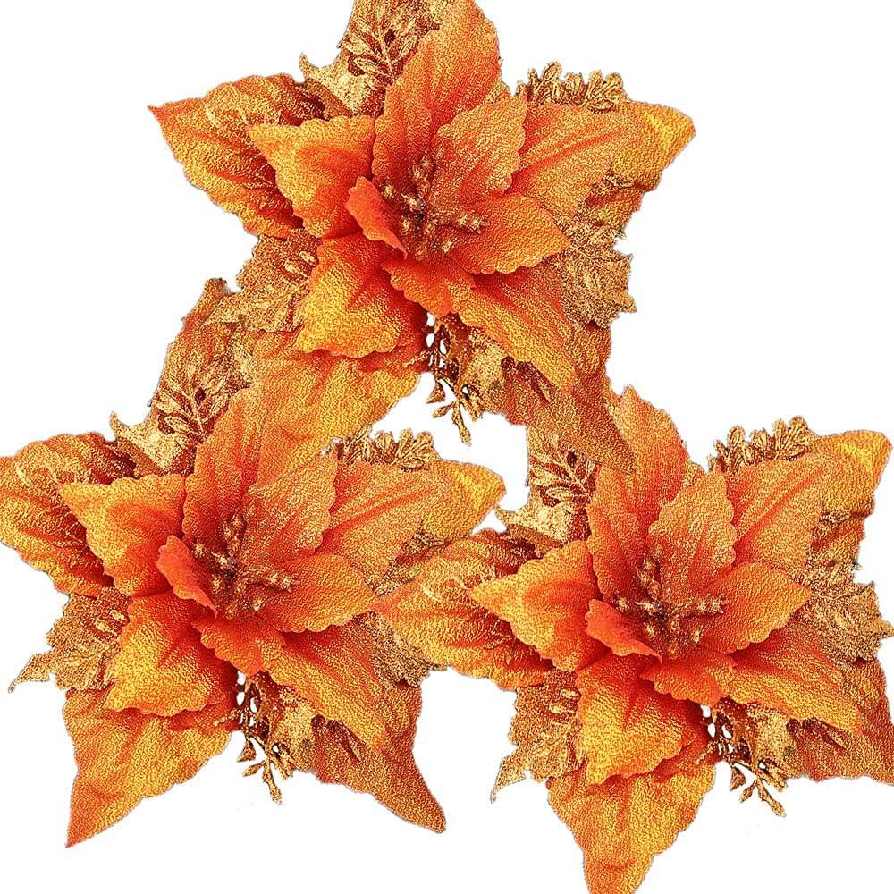 12Pcs Glitter Christmas Poinsettia Flowers 7 Inch Large Artificial Flower Ornament for Xmas Tree Wedding Birthday Festival Holiday Party Home Decoration (Orange)
