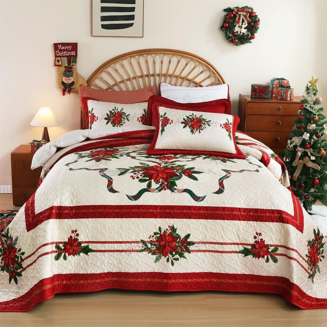 Cmfshape Velvet Christmas Quilt King Size-Cream Bedspread Comforter with Poinsettia Design-Soft Lightweight Coverlet&Bedding Set-106"x96" (Red)