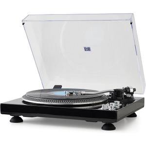 Hi-Fi Belt-Drive Turntable with Premium Cartridge, Pitch Control 10%, Auto-Return Tonearm, 2-Speed 33/45 RPM Vinyl Player, Glossy Black Finish