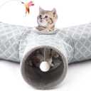 Tempcore 3-Way Collapsible Cat Tunnel Tube Toy, Fleece-Lined for Warmth, Kitty Tunnel with Peek Hole Toy Ball, Cat, Kitten, Small Breeds, Indoor (3-Way Geometry Grey)