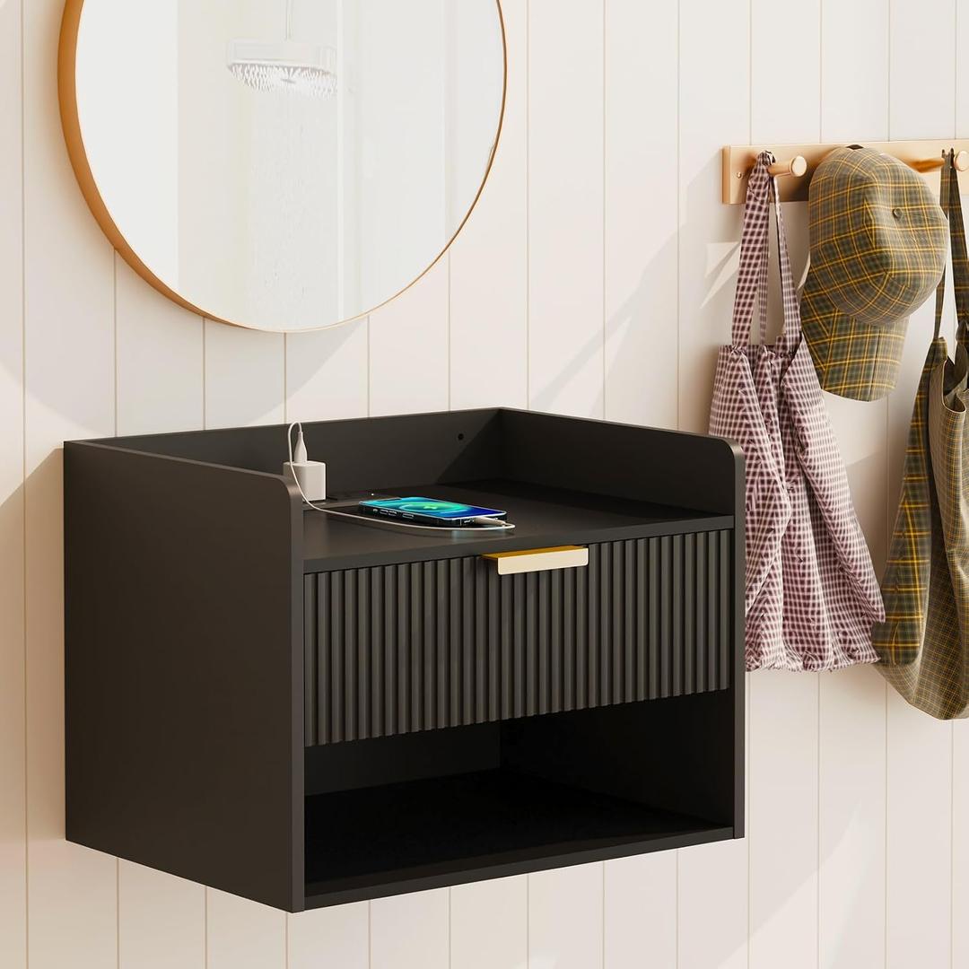 Arbuxzuy Floating Nightstand with Charging Station, Modern Wall Mounted Bedside Table with Drawer & Open Shelf, Minimalist Wooden Night Stand for Bedroom (Black)