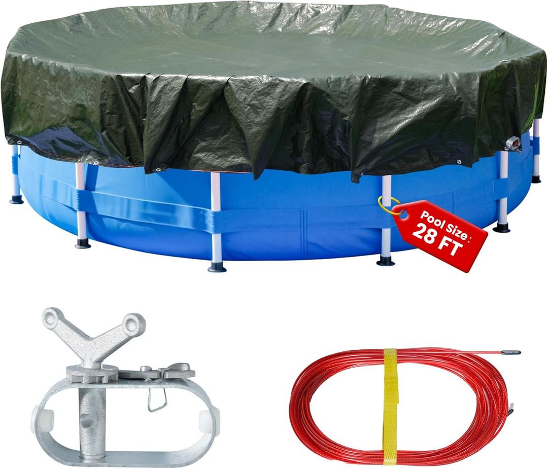 32 ft Round Heavy Duty Winter Pool Cover for 28 ft Above Ground Pools, UV Resistant & Anti-Tear, Black/Olive Green, Winch & Cable Included by COVALL