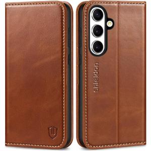 SHIELDON Wallet Case for Galaxy S25 FE 2025 5G, Genuine Leather RFID Blocking Credit Card Holder Kickstand Magnetic Folio Full Protection Cover Compatible with Galaxy S25 FE 6.7" - Retro Brown