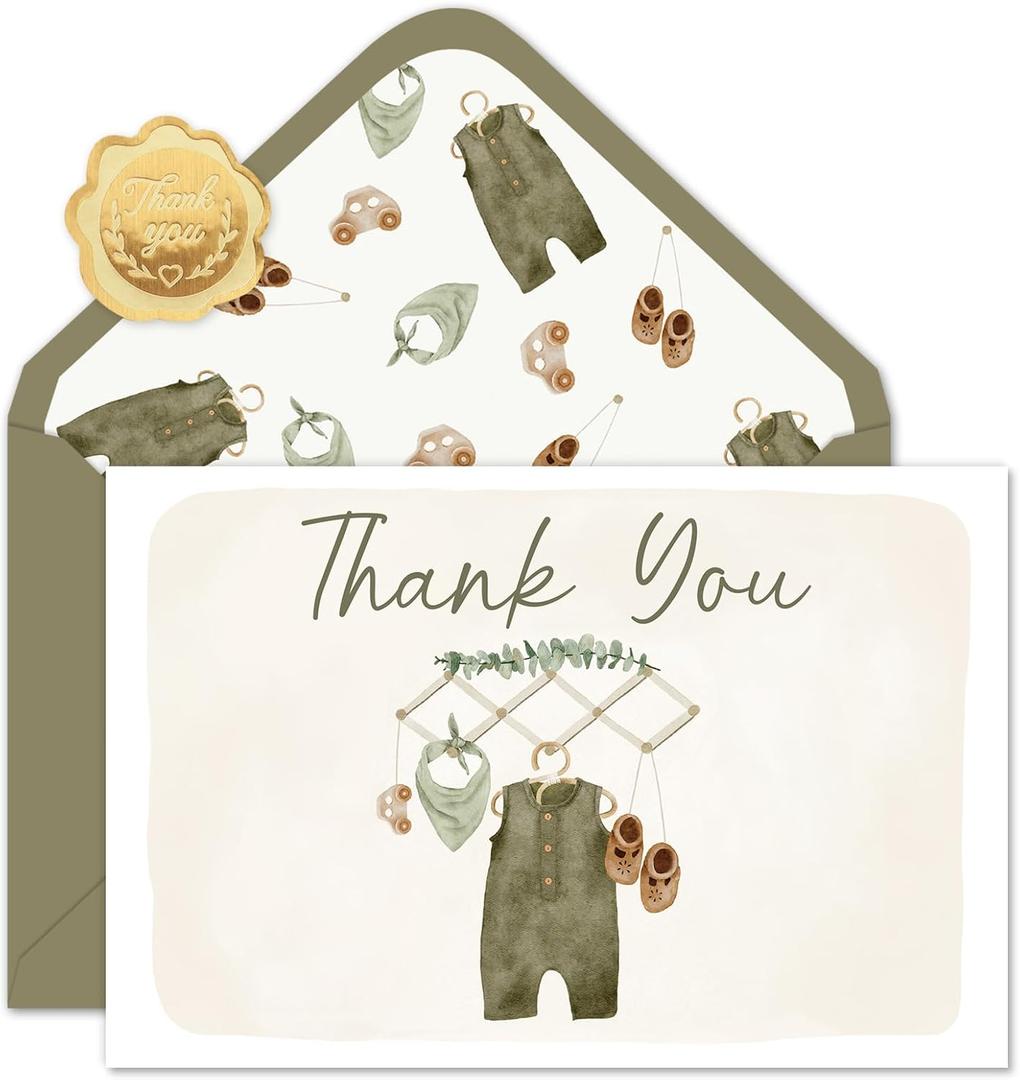 Whaline 50 Pack Baby Shower Thank You Cards Boxed Vintage Green Baby Cloth Note Cards with Envelopes Stickers Greeting Blank Card for Birthday Party