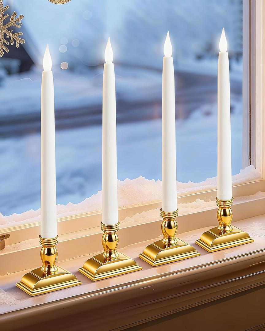 13.2" Window Candles Battery Operated with Timer, 6h On/18h Off, LED Flickering Flame, 5000K Cool White Christmas Candle Lights for Windows, Indoor Holiday Decor, 4 Pack, Gold Holders
