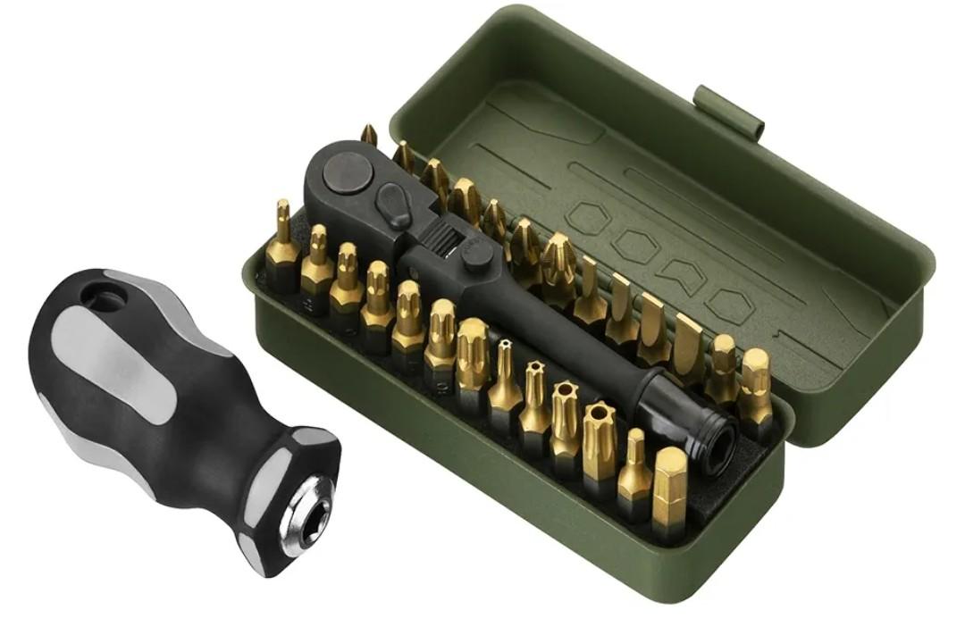 Tool Torx Bit Set 29-Piece, 2 In-1 Bits Ratchet, Flex Locking Head Design with 26-piece 1/4" Patent Bits, Magnetic Bit Holder, Stubby Handle and Compact Paint Metal Case, Multi-function