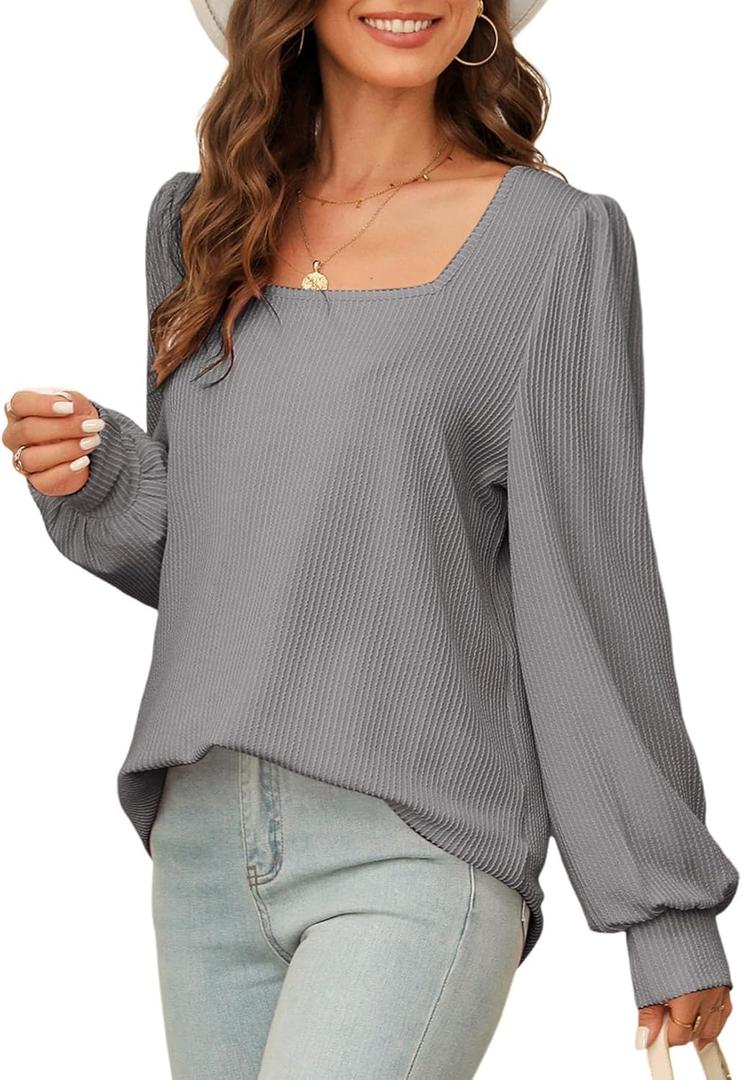 Dokotoo Women's Square Neck Puff Sleeve Casual Loose Ribbed Knit Soft Blouses Tuinc Tops (Medium, Medium Grey)