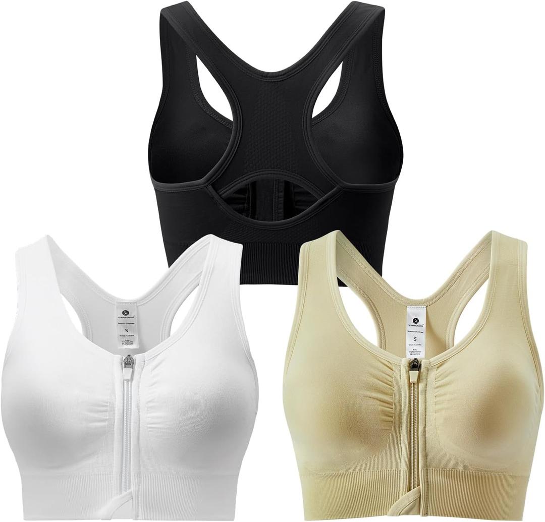 Zip Front Sports Bra for Women - Medium Support Racerback Workout Bra with Removable Pads & Double Hooks (S)