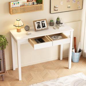 Solid Wooden Desk with Drawers - 39 x 16 Inch Modern Narrow Desks, Rubberwood Simple Study Table, Small Writing Desk for Bedroom|Small Spaces - White Desks, 39.4 in W x 15.7 in D