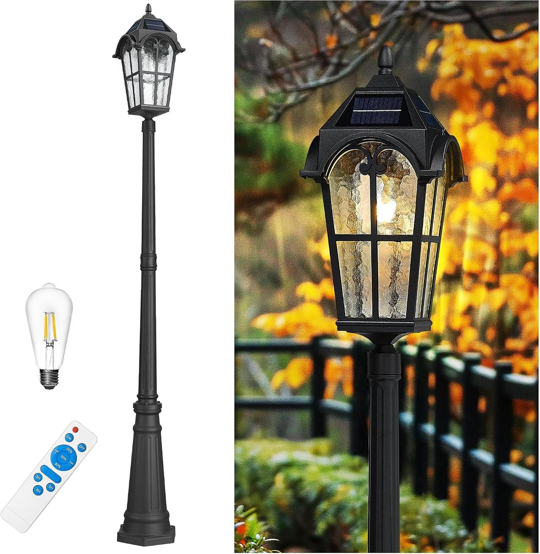 Emliviar 85.4" Black Solar Powered Street Light Fixture for Pathway with Remote Control, Dusk to Dawn Waterproof Pole Lamp with LED Bulb, Post Lighting with Water Grain Glass Shade, YXE302MPL-SL BK