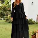BerryGo Womens Flowy Maxi Dress Chiffon Long Sleeve Slit V Neck Casual Ruffle Tiered Boho Fall Wedding Guest Long Dress (Black, M)