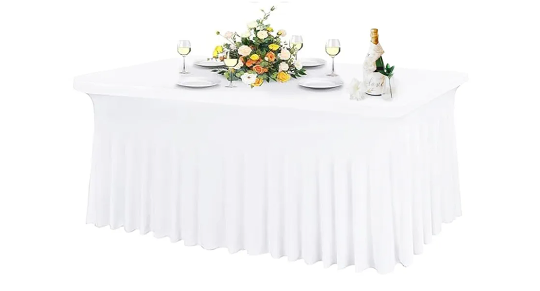 Table Skirt for 6ft Tables Spandex White Table Cover with Skirt 1Pack Stretchy Tablecloth Wrinkle-Resistant Ruffles Elastic Table Covers for Wedding, Banquet, Birthday Parties