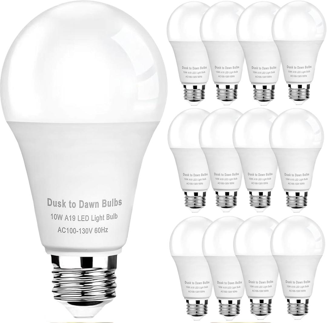 GEPLAD 12-Pack Dusk to Dawn Light Bulbs Outdoor 75 Watt Equivalent, Automatic On/Off Sensor LED Light Bulb, 10W Daylight 5000K, 1100 Lumen, A19 E26 Bulbs