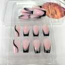 French Tip Press on Nails Medium Square Fake Nails Black False Nails with Silver Line Glitter Design Stripe Coffin Full Cover Artificial Acrylic Nails Pink Glue on Nails for Women Girls Manicure