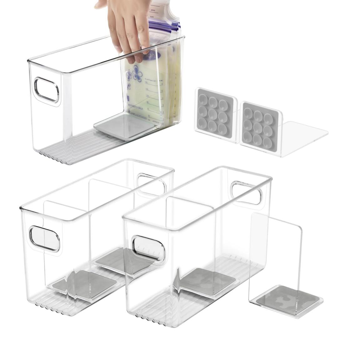 Breastmilk Storage Container with L Shaped Dividers to Flatten Standing Breast Milk Bags in Organizer Bins Save Refrigerator Space | 2 Containers with Removable Separator Boards - Gray (3mm Thick)