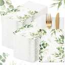 Potchen 100 Linen Feel Napkins Disposable Cloth Like Napkins Prefolded Hand Towel with Built-in Flatware Pocket Cocktail Hand Towel for Wedding Bridal Shower Supplies(100 Pcs,Green Eucalyptus Leaf)