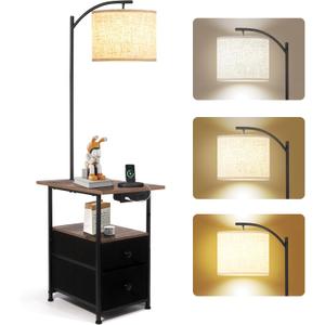 PESRAE Floor Lamp with Table & 2 Drawers, End Table with 3 Color Temperature Reading Light, Side Table Lamp with USB & Type C & AC Charging Port for Bedoom, Home Office (Natural Wood)