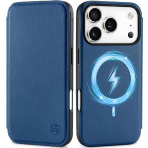 SHIELDON Genuine Leather Slim Wallet Case for iPhone 17 Pro 6.3" 2025 | Wireless Charging, Folio Magnetic Closure, RFID Blocking Credit Card Holder, Shockproof Phone Cover - Royal Blue