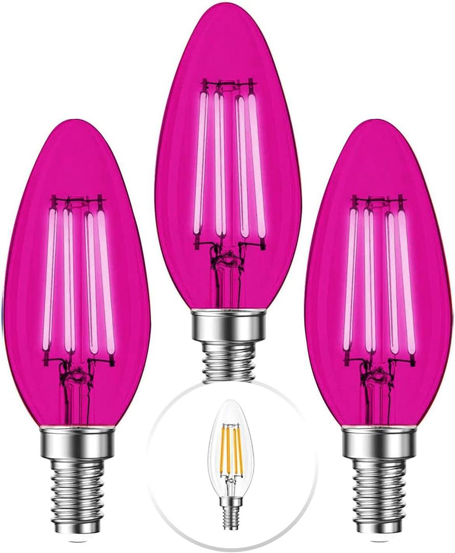 3 Pack E12 Filament LED Pink Light Bulbs  E12 Candelabra Bulb 4W 40 Watt Equivalent - Vintage Decorative Lighting Pink LED Bulb Party Decoration, Porch, Halloween Light Bulbs
