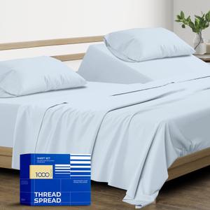 Pure Split King Size Cotton Bed Sheets Set (King Split, 1000 Thread Count) Light Blue Bedding Pillow Cases (5 Pc) Egyptian Cotton Sheets Split King Size Bed-Sateen Sheets-16 in Deep Pocket