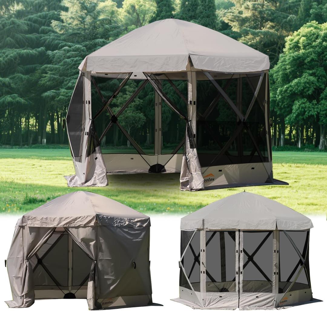 Lenotos Pop Up Screen Tent, 12'x12' Windproof & UV Protection Sun Shelter, Portable Instant Setup, 6-Sided Screen Tent for Picnic, Camping, Backyard, Outdoor (Grey)