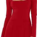 DAAWENXI Women's Casual Square Neck Mini Dress Long Sleeve A line Party Club Short Dress (Red, XL)
