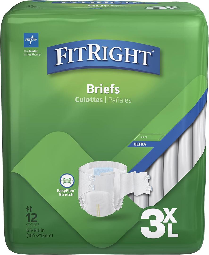 FitRight Disposable Adult Incontinence Briefs, Heavy Absorbency, Size 3XL (65-84 Inch Waist), Pack of 12