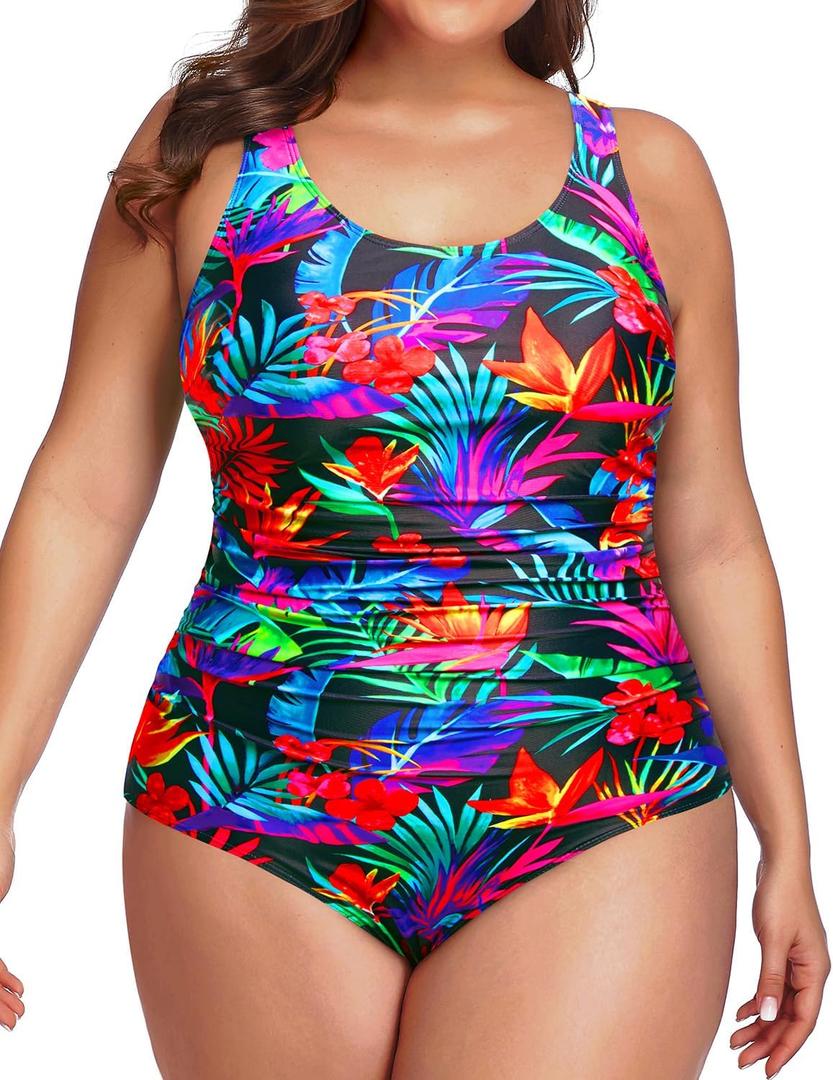 Daci Women Plus Size One Piece Swimsuit Athletic Tummy Control Ruched Bathing Suit with U-Back, 22W