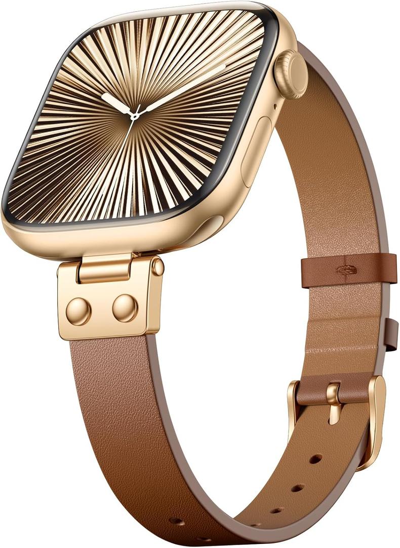 SNBLK Slim Leather Band Compatible with Apple Watch Bands Women 40mm 41mm 42mm 44mm 46mm 49mm 38mm 45mm, Dressy Top Grain Genuine Leather Strap for iWatch SE Series 11/10/9/8/7/6/5/4/3/2/1, Brown