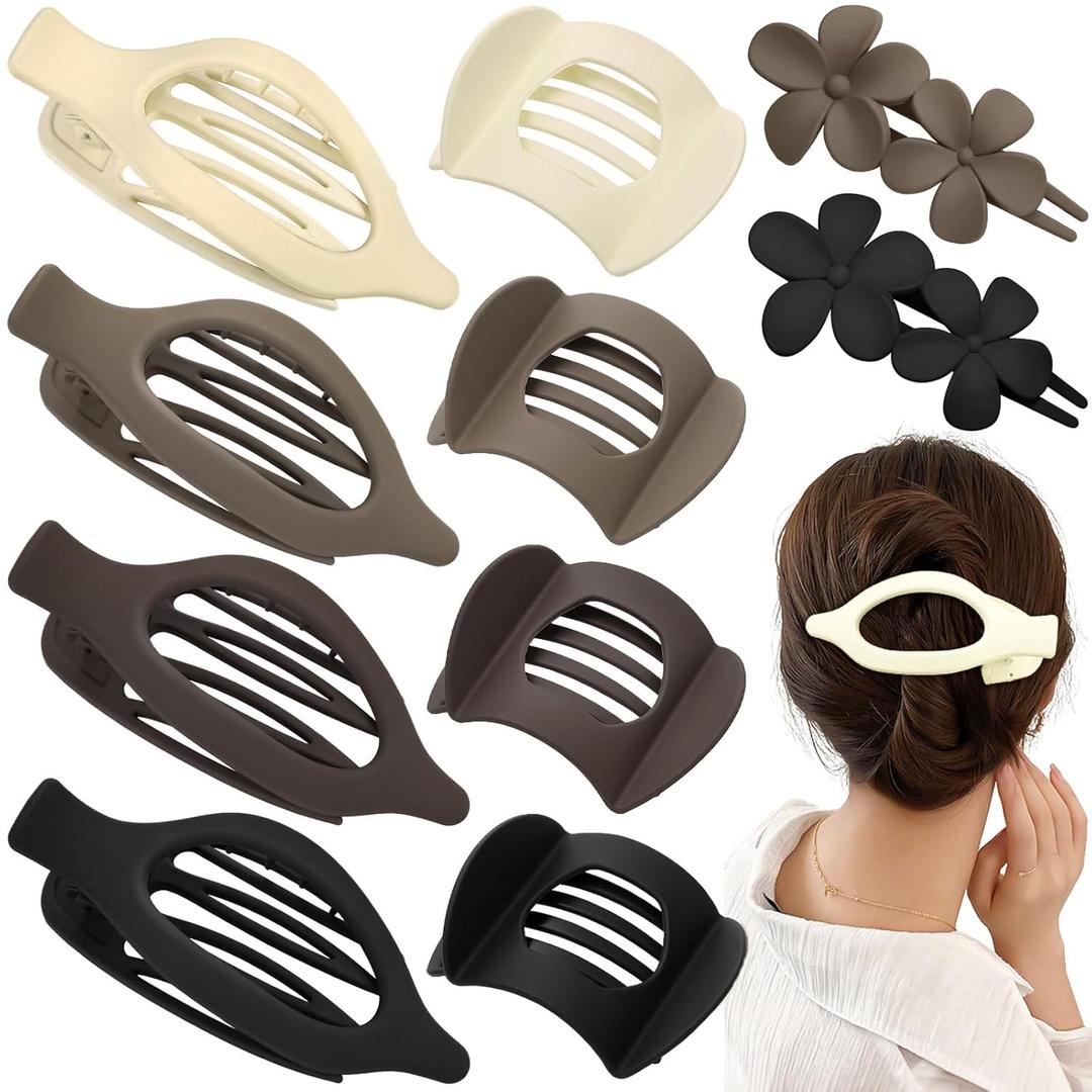 Obeoby 10 Pcs Flat Hair Clips for Women, 3 Styles French Flat Claw Clips for Thin Thick Hair, Medium Duckbill No Slip Hair Accessories Barrettes Girls (Coffee, brown, black, white)