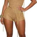 Women Trendy 3 Piece Outfits Crochet Knitted Balaclava See Through Halter Crop Top Hollow Out Mini Hot Shorts Sets (M)