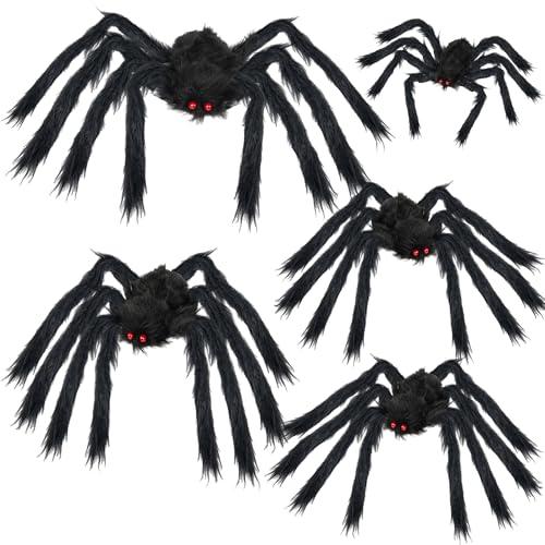Dazzle Bright 4 Pack Halloween Spiders Decorations, Realistic Giant Spiders Set, Hairy Plush Black Large Spider for Outdoor Indoor Prop Yard Lawn Decor (50", 35", 30", 20", 20")