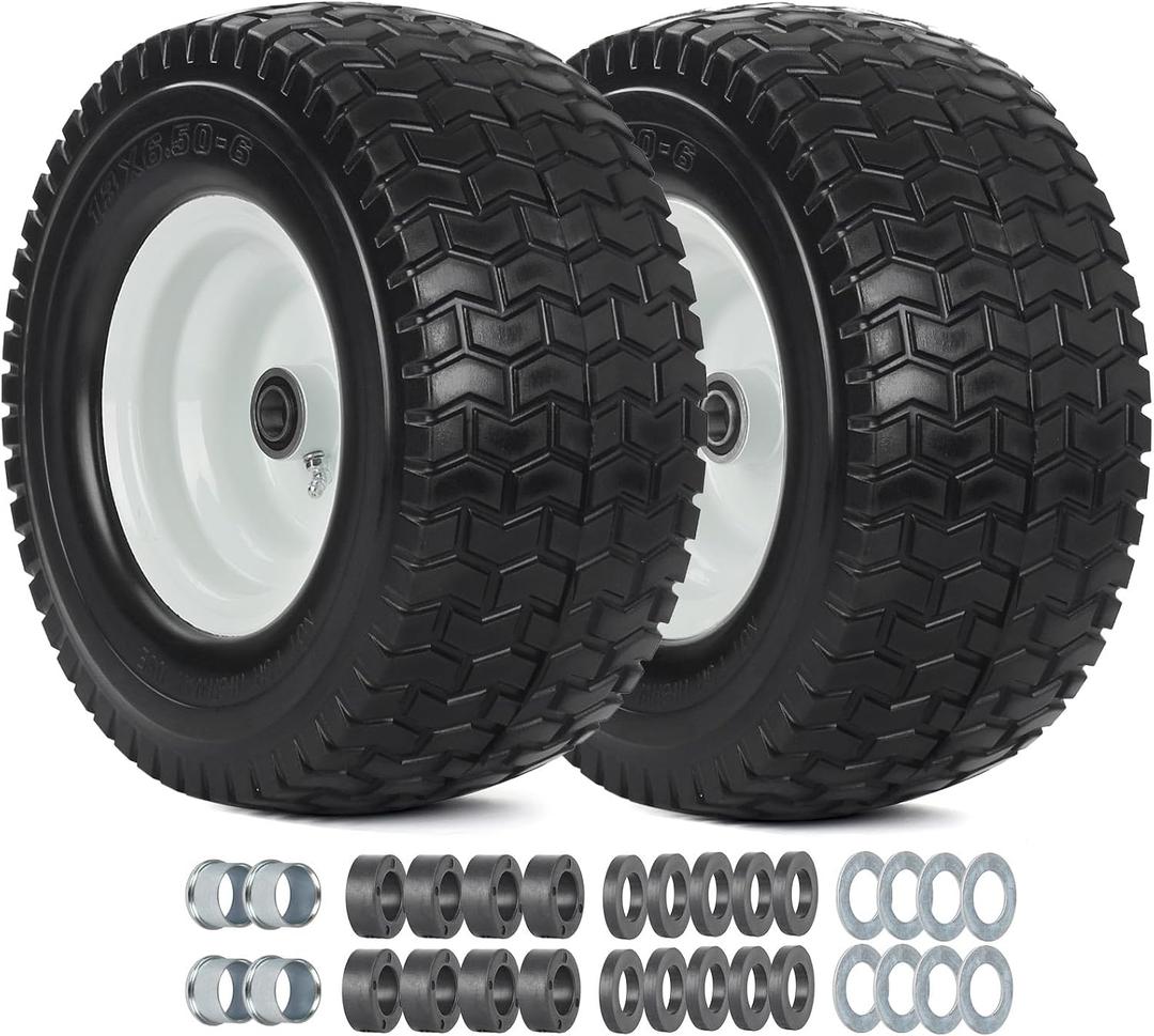 GICOOL 13x6.50-6 Tire and Wheel, 13x6.5-6" Flat-free Lawn Mower Tires, 3-6.5 Centered Hub, 3/4" or 5/8" Bearing, Universal Fit Garden Tractor Front Wheels, 4 Ply, V-Turf Pattern, 2 Pack