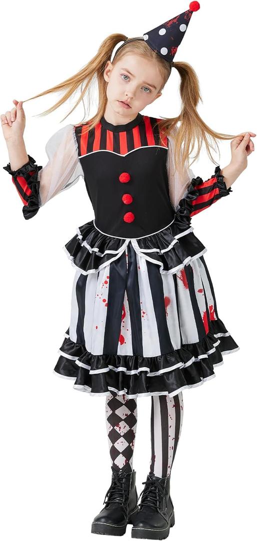 Clown Costume for Kids, Scary Killer Jester Dress with Headpiece Socks for Girls Halloween Creepy DressUp Party (XS)