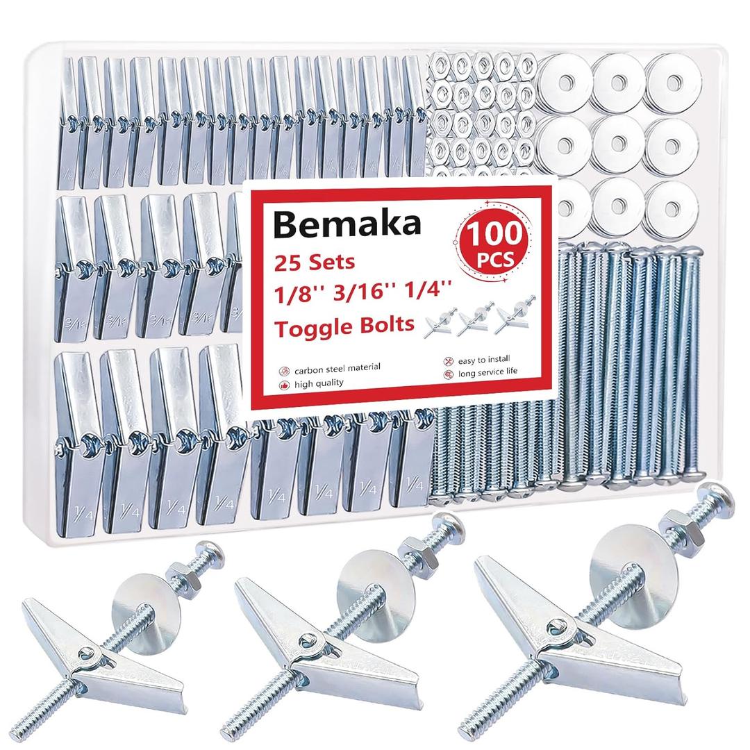100Pcs Toggle Bolts Heavy Duty Drywall Anchors and Screws Kit, 3 Sizes 1/8" 3/16" 1/4" Hollow Wall Anchors, Toggle Bolts and Wing Nut Kit with Nuts Washers (25Sets)