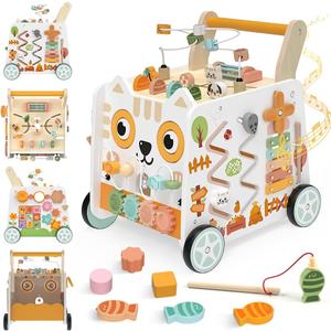 Wooden Baby Walker, Baby Push Walker with Wheels, 16-in-1 Montessori Activity Center Bead Maze Shape Sorter Xylophone, Height Adjustable Walking Toy 12+ Months, 1 Year Old Birthday Gifts Boys Girls