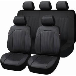 Flying Banner Synthetic Leather car seat Covers Full Set Front and Rear Bench Fashion Easy Installation Cup Holder Free (Solid Black, Low Bucket - Full Set)