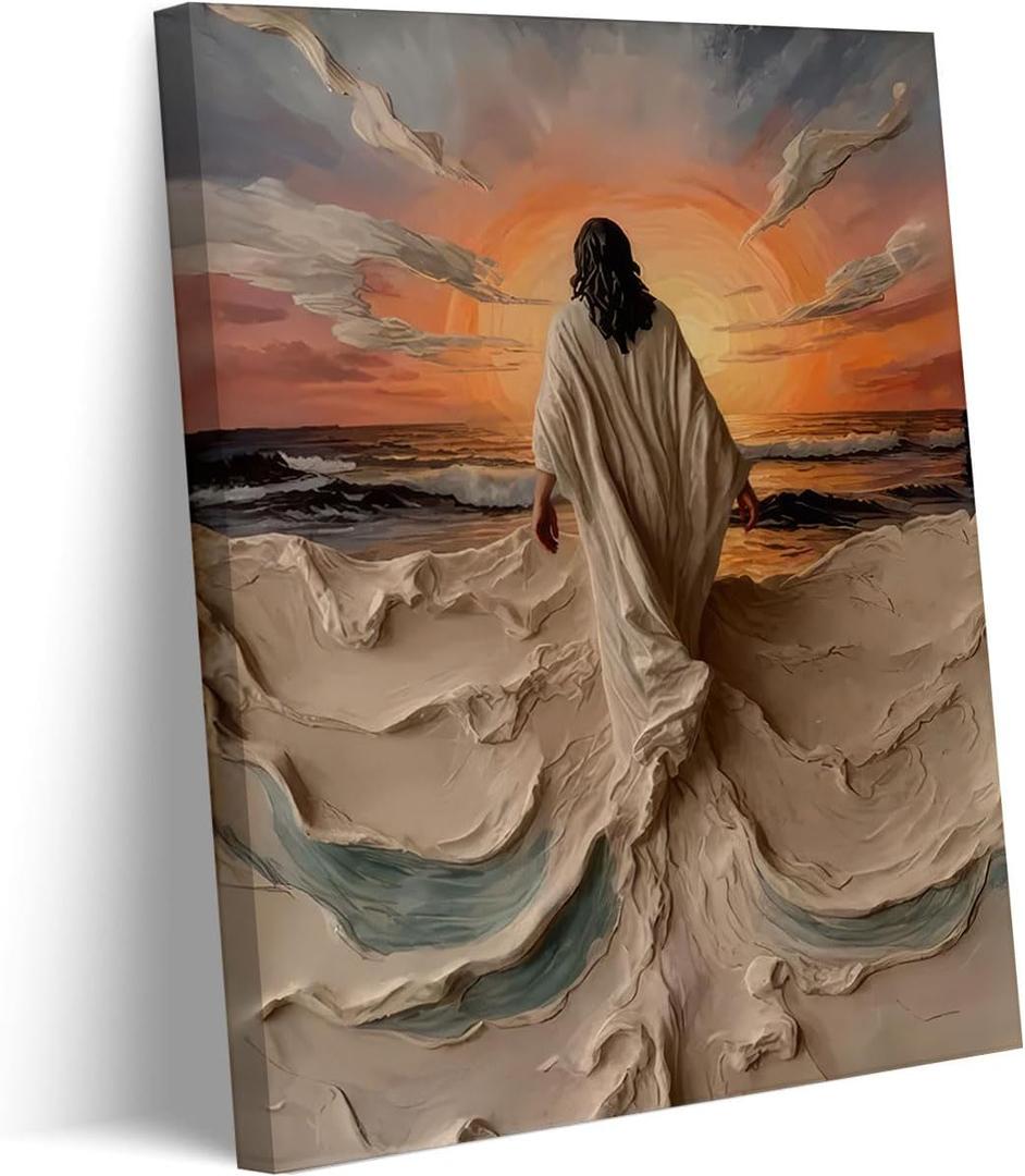 Abstract Jesus Walking on Water Canvas Wall Art Christian Spiritual Wall Decor Paintings Pictures Divine Light Modern Religious Posters Prints for Living Room Bedroom Church Decoration 12x16in